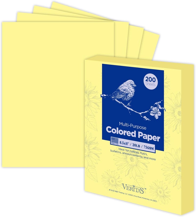 WritePads Veritas Colored Copy Paper,Multi-Purpose paper,Colored Printer Paper 8.5” x 11”, 20 lb / 75 GSM, Canary 200 Sheets (1 Reams)，Made in USA - Image 1